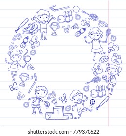 Boys and girls playing sports illustration Fitness, football, soccer, yoga, tennis, basketball, hockey, volleyball