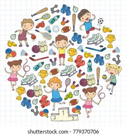 Boys and girls playing sports illustration Fitness, football, soccer, yoga, tennis, basketball, hockey, volleyball