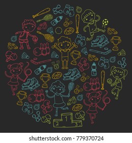 Boys and girls playing sports illustration Fitness, football, soccer, yoga, tennis, basketball, hockey, volleyball