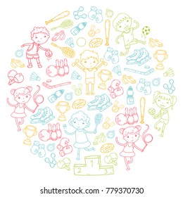 Boys and girls playing sports illustration Fitness, football, soccer, yoga, tennis, basketball, hockey, volleyball
