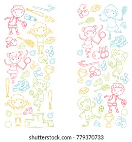 Boys and girls playing sports illustration Fitness, football, soccer, yoga, tennis, basketball, hockey, volleyball