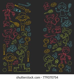 Boys and girls playing sports illustration Fitness, football, soccer, yoga, tennis, basketball, hockey, volleyball