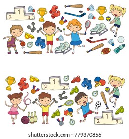 Boys and girls playing sports illustration Fitness, football, soccer, yoga, tennis, basketball, hockey, volleyball