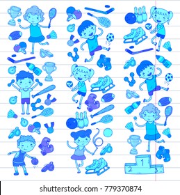Boys and girls playing sports illustration Fitness, football, soccer, yoga, tennis, basketball, hockey, volleyball