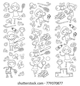 Boys and girls playing sports illustration Fitness, football, soccer, yoga, tennis, basketball, hockey, volleyball