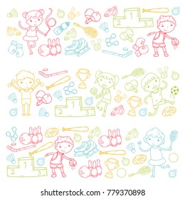 Boys and girls playing sports illustration Fitness, football, soccer, yoga, tennis, basketball, hockey, volleyball