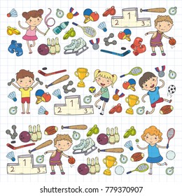 Boys and girls playing sports illustration Fitness, football, soccer, yoga, tennis, basketball, hockey, volleyball