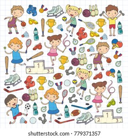 Boys and girls playing sports illustration Fitness, football, soccer, yoga, tennis, basketball, hockey, volleyball