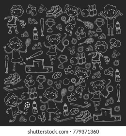 Boys and girls playing sports illustration Fitness, football, soccer, yoga, tennis, basketball, hockey, volleyball