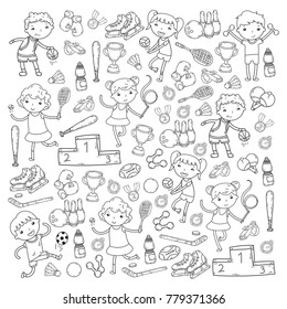 Boys and girls playing sports illustration Fitness, football, soccer, yoga, tennis, basketball, hockey, volleyball