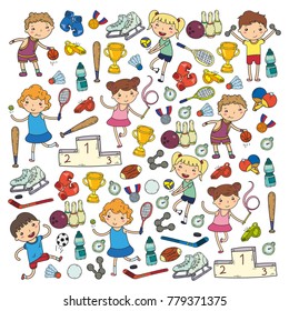 Boys and girls playing sports illustration Fitness, football, soccer, yoga, tennis, basketball, hockey, volleyball