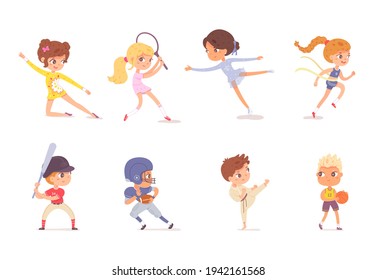 Boys And Girls Playing Sports Set. Happy Kids Exercising Vector Illustration. Children Do Gymnastics, Figure Skating, Athletics, Play Tennis, Karate, Baseball, Rugby, Basketball On White Background.