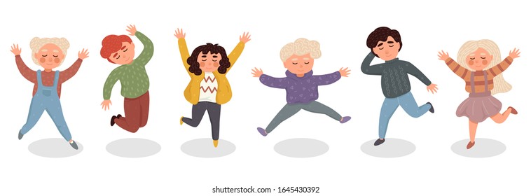 Boys and girls are playing together happily. Children Holding hands and jumping. The concept is fun and vibrant moments of childhood. Vector Illustration Of Cartoon Children