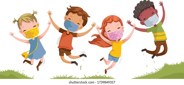 
Boys and girls are playing together happily. Kids Play at the grass. Children Holding hands and jumping ,Running a meadow. kids wear face mask protect virus. Protect dust PM 2.5. Social distancing.