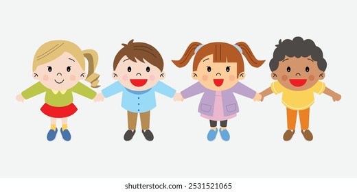 Boys and girls playing together holding hands looking up group of multiracial kids children cute illustration simple drawing happy smiling cheerful colorful classmate