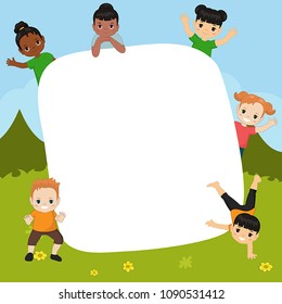 Boys and girls are playing together. Template for brochure with place for text. Cartoon style illustration.