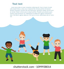 Boys and girls are playing together. Template for brochure with place for text. Cartoon style illustration.