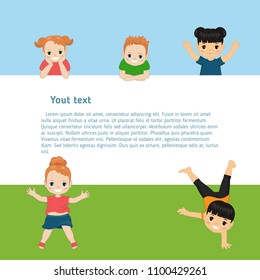 Boys and girls are playing together. Template for brochure with place for text. Cartoon style illustration.