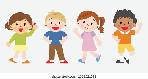 Boys and girls playing together waving hands group of multiracial kids children cute illustration simple drawing happy smiling cheerful colorful classmate