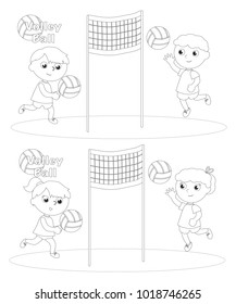 Boys and girls playing volleyball black and white illustration vector