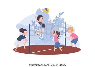 Boys and girls playing volleyball on court. Happy children playing sport game together having fun. Sport, health and leisure vector illustration on blue floral. Volleyball players cartoon characters