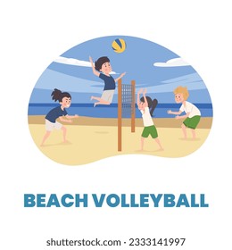 Boys and girls playing volleyball on beach. Happy children playing sport game together having fun. Health and leisure vector poster on sea summer landscape. Volleyball players cartoon characters