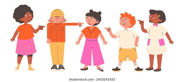 Boys and girls pointing fingers at one kid in center. Bullying and aggressive pressure concept. Children conflict. Isolated flat vector illustration of character group.