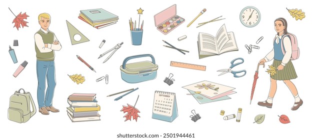 boys and girls of primary school age and a set of elements for study, pens, pencils, books, notebooks, compasses, scissors, brushes, paints, glue, lunch box