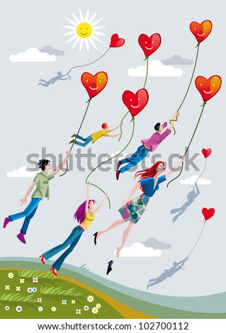 Boys and girls are raised over the fields clinging to ropes that hold smiling hearts.