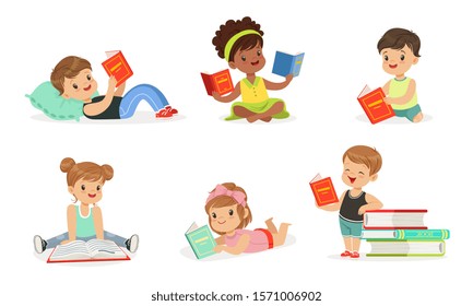 Boys and girls read books. Set of vector illustrations.