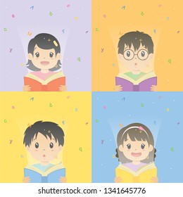 Boys and girls reading ABC alphabet book vector set. Children reading educational book. Children holding an opened book with alphabets coming out from the book
