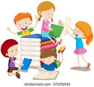 Boys and girls reading books illustration