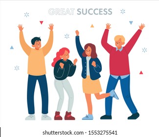 Boys and girls rejoice and celebrate success. hand drawn style vector design illustrations. 