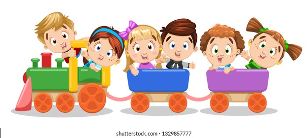 Boys and girls ride on carnival train, laughing, waving hand. Children have fun at amusement park, playground, kid`s zone. Concept of happy, careless childhood. Cartoon illustration isolated on white.