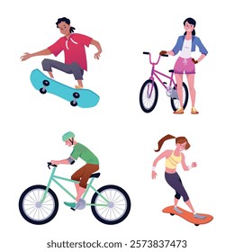 Boys and girls riding a bicycle, skateboard or longboard. Cartoon extreme sport, street activity. Teenagers dynamic lifestyle. Vector flat illustrations set isolated