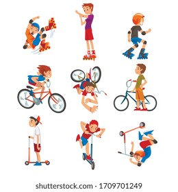 Boys and Girls Riding Kick Scooter Set, Bicycle, Rollerblades, Eco Transport for Children, Summer Outdoor Activities Cartoon Vector Illustration