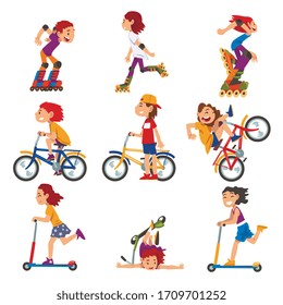 Boys and Girls Riding Kick Scooter, Bicycle, Rollerblades, Summer Outdoor Activities Cartoon Vector Illustration