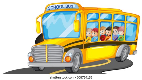 Boys and girls riding in school bus illustration