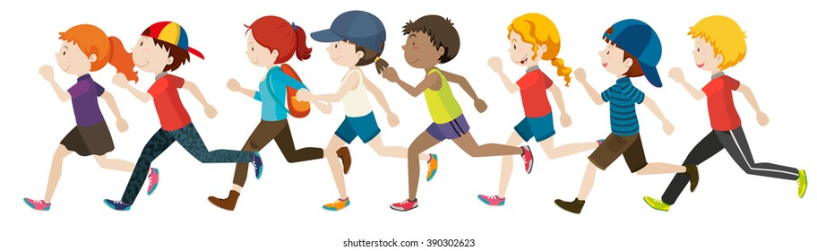 Boys and girls running in group illustration