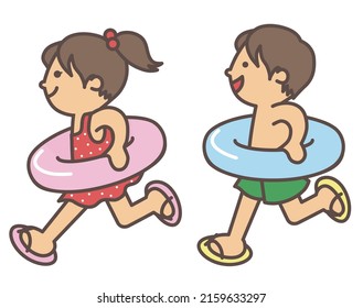 Boys and girls running happily in swimsuits with floats