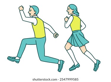 Boys and girls running like runners. Voluntary illustration of energetic students drawing their whole body.