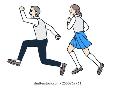 Boys and girls running like runners. Voluntary illustration of energetic students drawing their whole body.