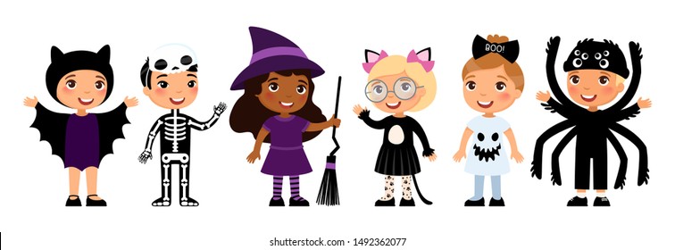 Boys and girls in scary monsters costumes flat vector characters set. Bat, skeleton, witch, cat, ghost and spider outfits cartoon illustrations.  Trick or treat tradition.