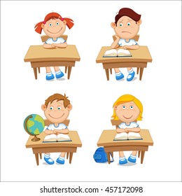 Boys and girls, schoolchildren, sitting at the table. Vector illustration isolated on white background.