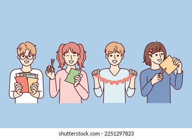 Boys and girls with scissors create applications from multi-colored paper cut out various figures. Cropped creative kids making cards and garlands during art school lessons. Flat vector illustration 