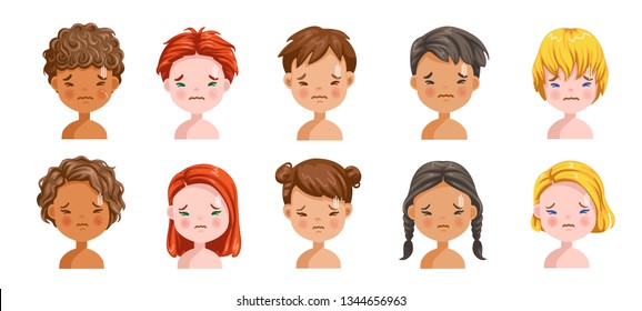 
Boys and girls set emotions, feelings of uncomfortable, tension, sullen. Face of an angry child. Different nationalities are different. Variety of children. Female and male heads. Picture of students