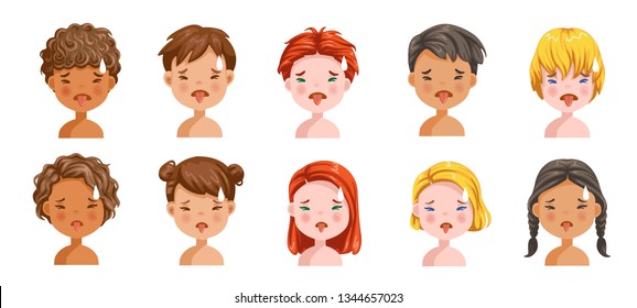 Boys and girls set emotions, feelings of badly uncomfortable, tension, sullen. Face of an angry child. Different nationalities are different. Variety of children. Heads of students. 