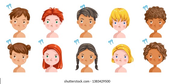 Boys and girls set emotions, feelings of question,  Suspicion The face of the child is confused. Different nationalities are different. Variety of children. Female and male heads. Picture of students.