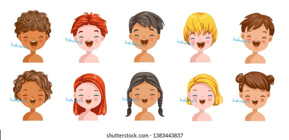 Boys and girls set emotions, feelings be smile, Laugh face of the child.  Different nationalities are different. Variety of children. Female and male heads. Picture of students. 