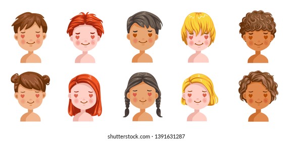 
Boys and girls set emotions, feelings be love, face of the child. Different nationalities are different. Variety of children. Female and male heads. vector of students. Cartoon illustration isolated 